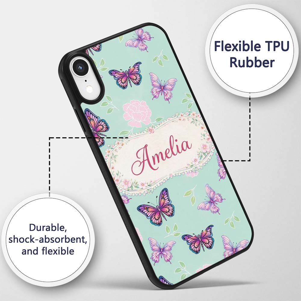 Pink Purple Butterfly Floral Teal Background Custom Name Protective Phone Case Mobile Cover Durable Everyday Smartphone Shock Resistant