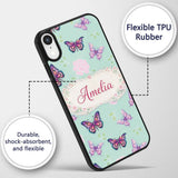 Pink Purple Butterfly Floral Teal Background Custom Name Protective Phone Case Mobile Cover Durable Everyday Smartphone Shock Resistant
