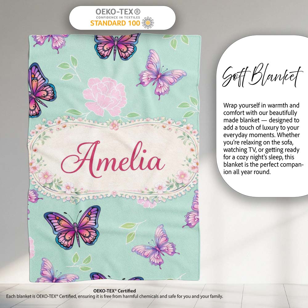 Pink Purple Butterfly Floral Teal Background Seamless Pattern Lovely  Personalised Custom Name Super Soft Fleece Blanket Bed Sofa Throw