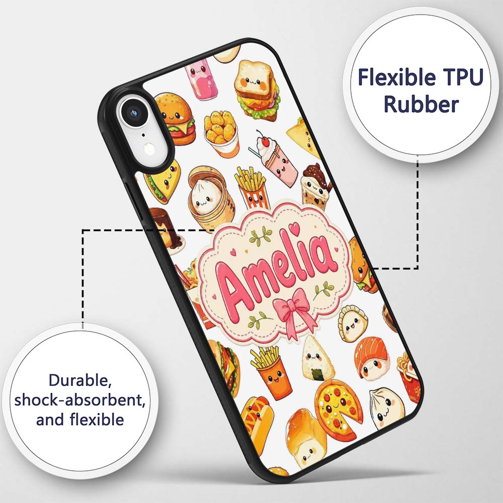 Kawaii Fast Food Burger Sushi Taco Pizza Grey Custom Name Protective Phone Case Mobile Cover Durable Everyday Smartphone Shock Resistant