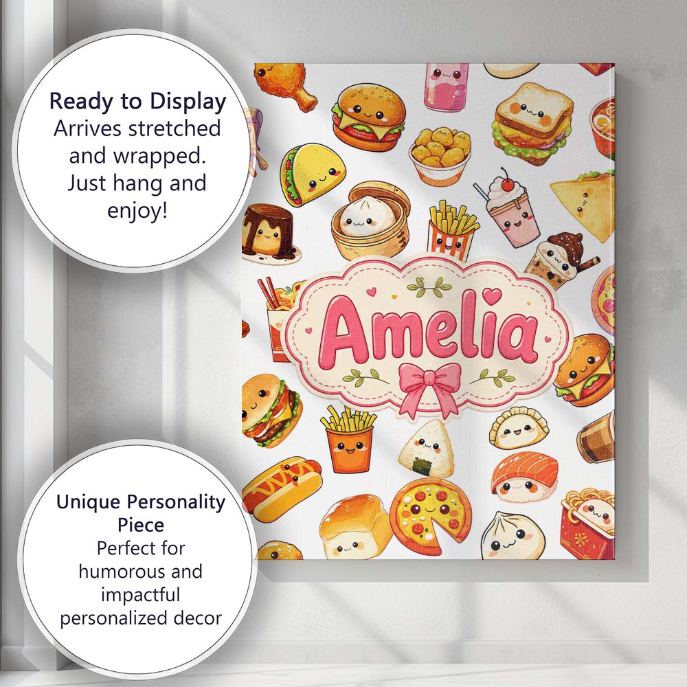 Personalised Name Kawaii Fast Food Burger Custom  Unique Gift Idea Elegant Feature Canvas Wall Art Print Decor Picture Ready to Hang