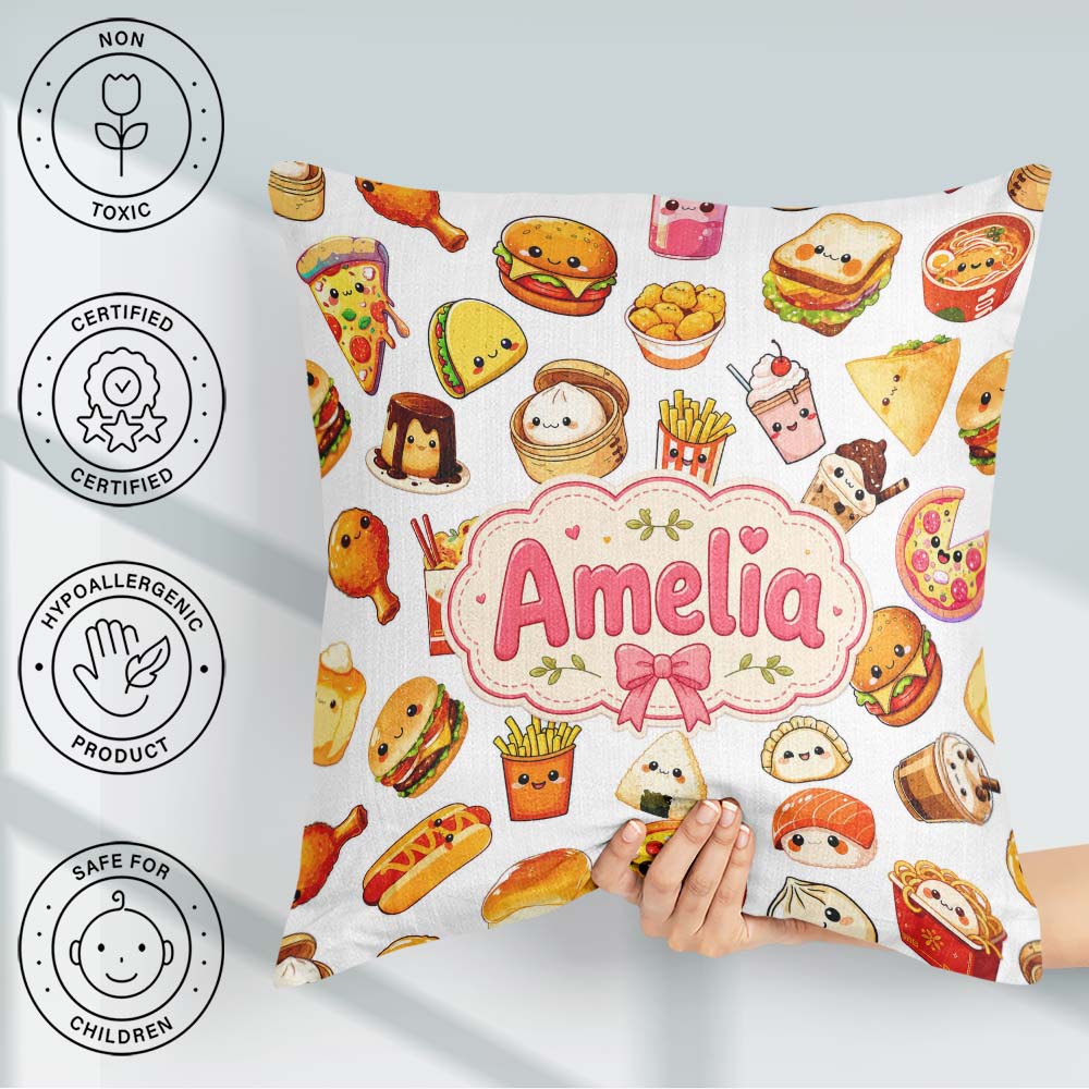 Custom Name Kawaii Fast Food Sushi Taco Pizza Grey Seamless Name Square Filled Cushion Throw Pillow Sofa Bed Home Decor Zip Washable UK Made