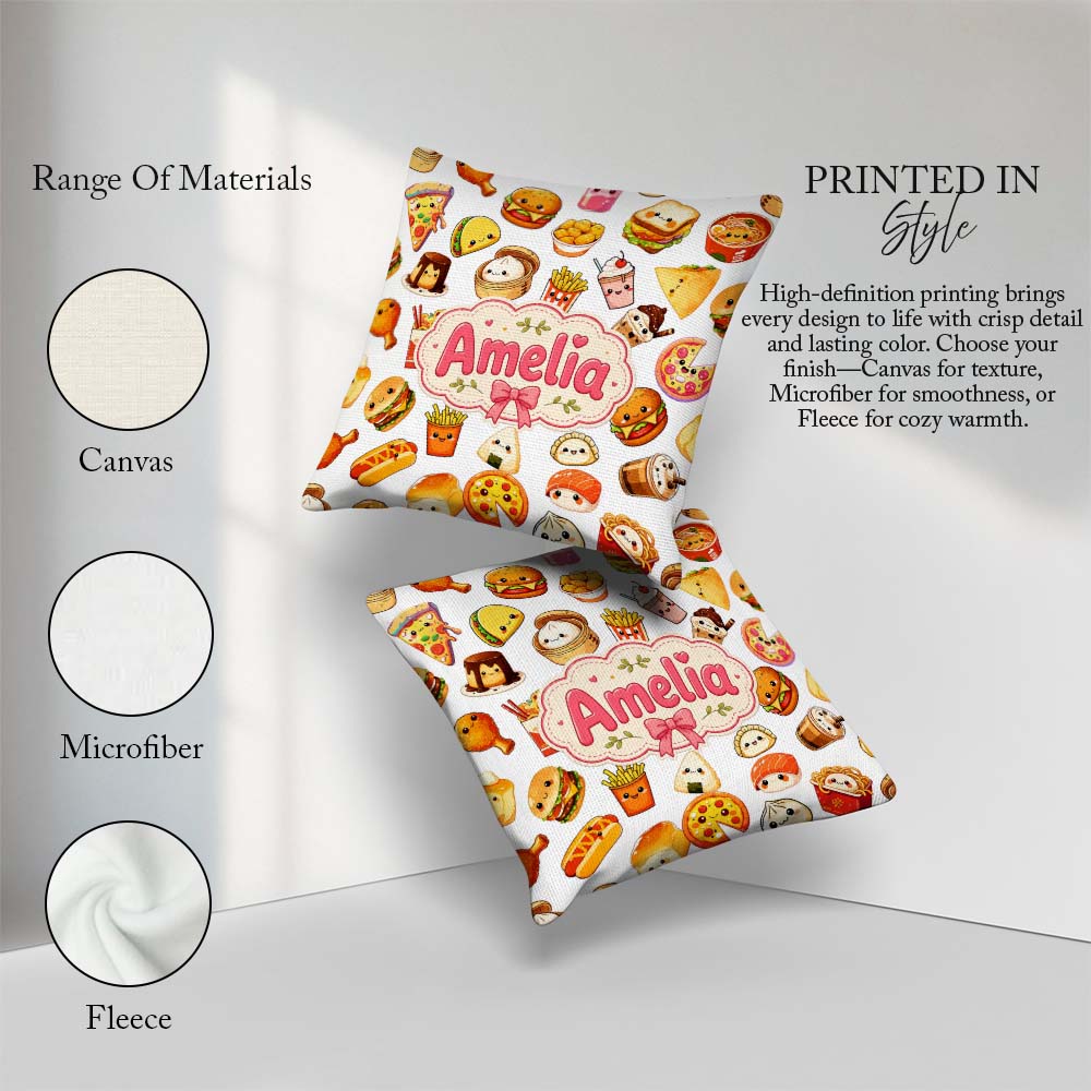 Custom Name Kawaii Fast Food Sushi Taco Pizza Grey Seamless Name Square Filled Cushion Throw Pillow Sofa Bed Home Decor Zip Washable UK Made