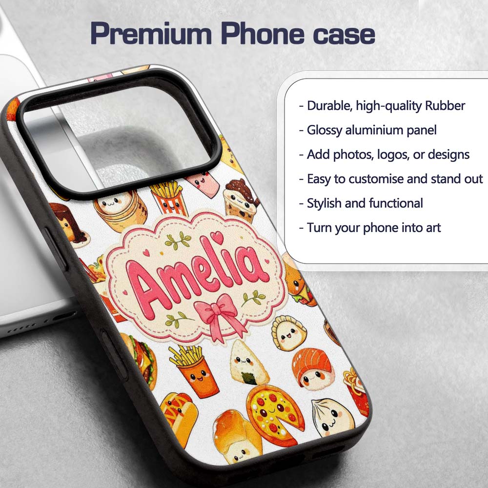 Kawaii Fast Food Burger Sushi Taco Pizza Grey Custom Name Protective Phone Case Mobile Cover Durable Everyday Smartphone Shock Resistant