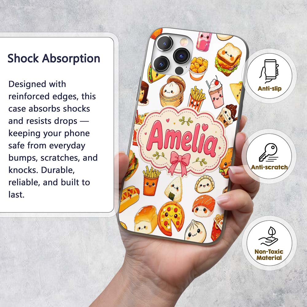 Kawaii Fast Food Burger Sushi Taco Pizza Grey Custom Name Protective Phone Case Mobile Cover Durable Everyday Smartphone Shock Resistant