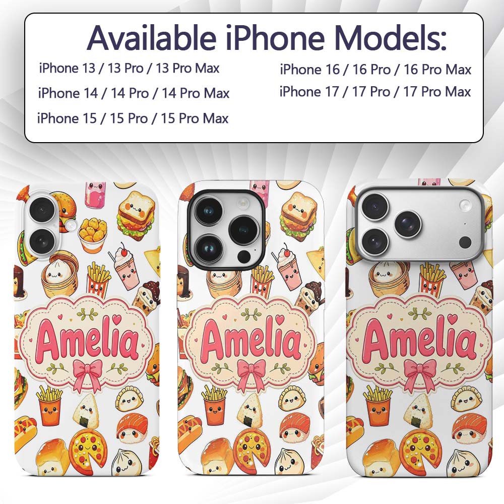 Kawaii Fast Food Burger Sushi Taco Pizza Grey Custom Name Protective Phone Case Mobile Cover Durable Everyday Smartphone Shock Resistant