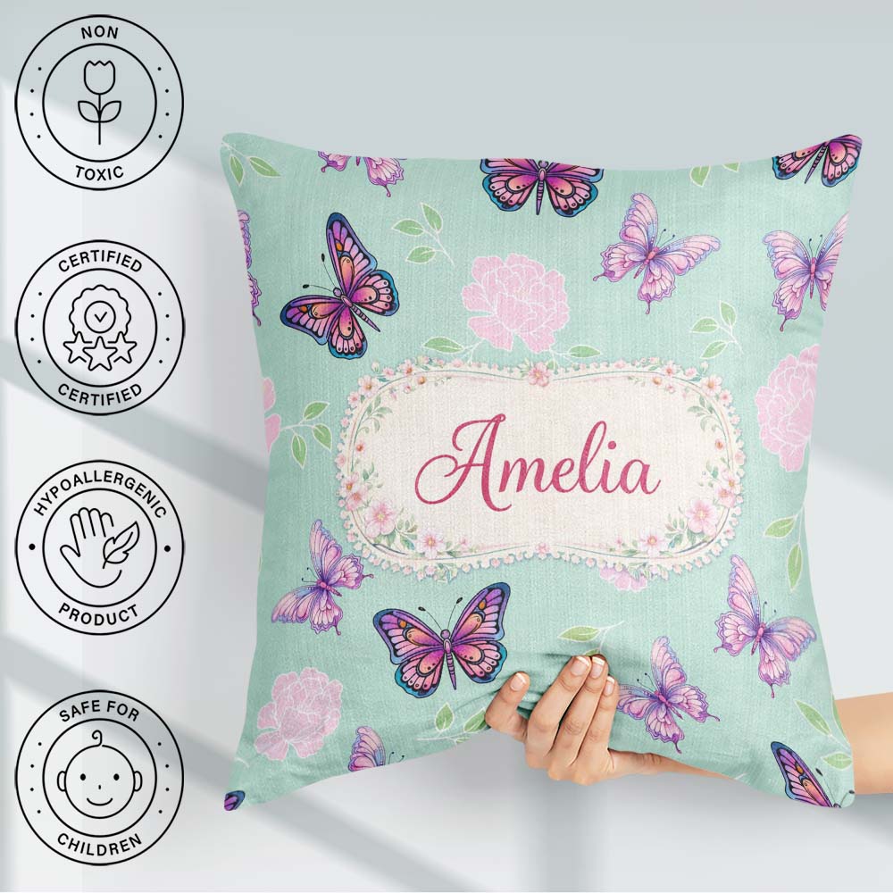 Custom Name Pink Purple Butterfly Floral Teal Background Pattern Square Filled Cushion Throw Pillow Sofa Bed Home Decor Zip Washable UK Made