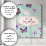 Personalised Name Pink Purple Butterfly Floral Teal Background Custom Modern Room Accent Canvas Wall Art Print Decor Picture Ready to Hang