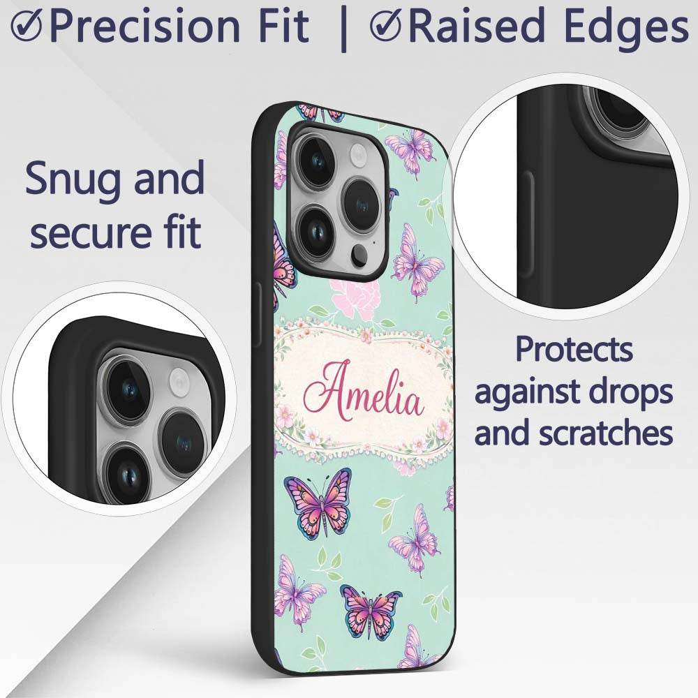 Pink Purple Butterfly Floral Teal Background Custom Name Protective Phone Case Mobile Cover Durable Everyday Smartphone Shock Resistant