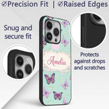 Pink Purple Butterfly Floral Teal Background Custom Name Protective Phone Case Mobile Cover Durable Everyday Smartphone Shock Resistant