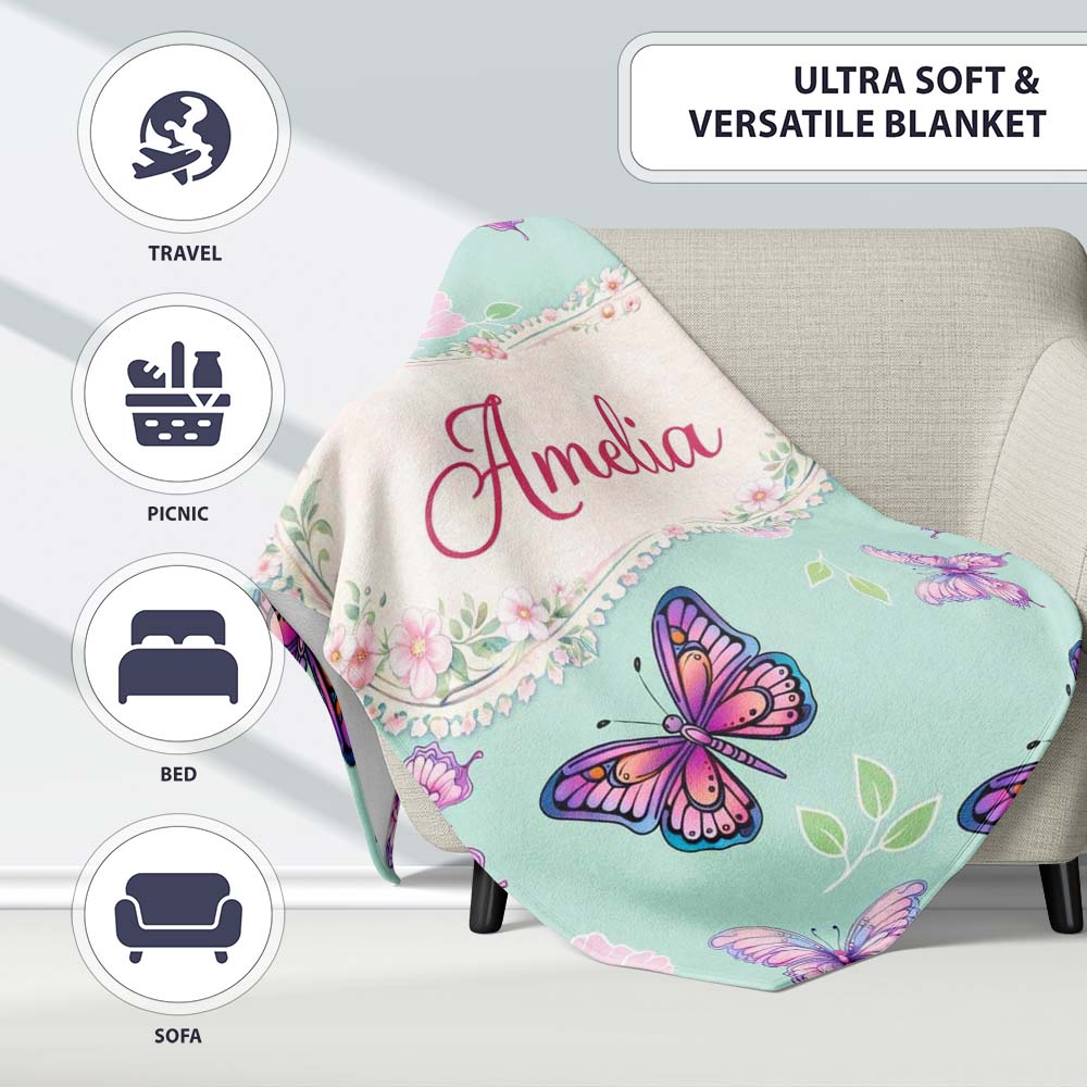 Pink Purple Butterfly Floral Teal Background Seamless Pattern Lovely  Personalised Custom Name Super Soft Fleece Blanket Bed Sofa Throw
