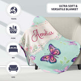 Pink Purple Butterfly Floral Teal Background Seamless Pattern Lovely  Personalised Custom Name Super Soft Fleece Blanket Bed Sofa Throw