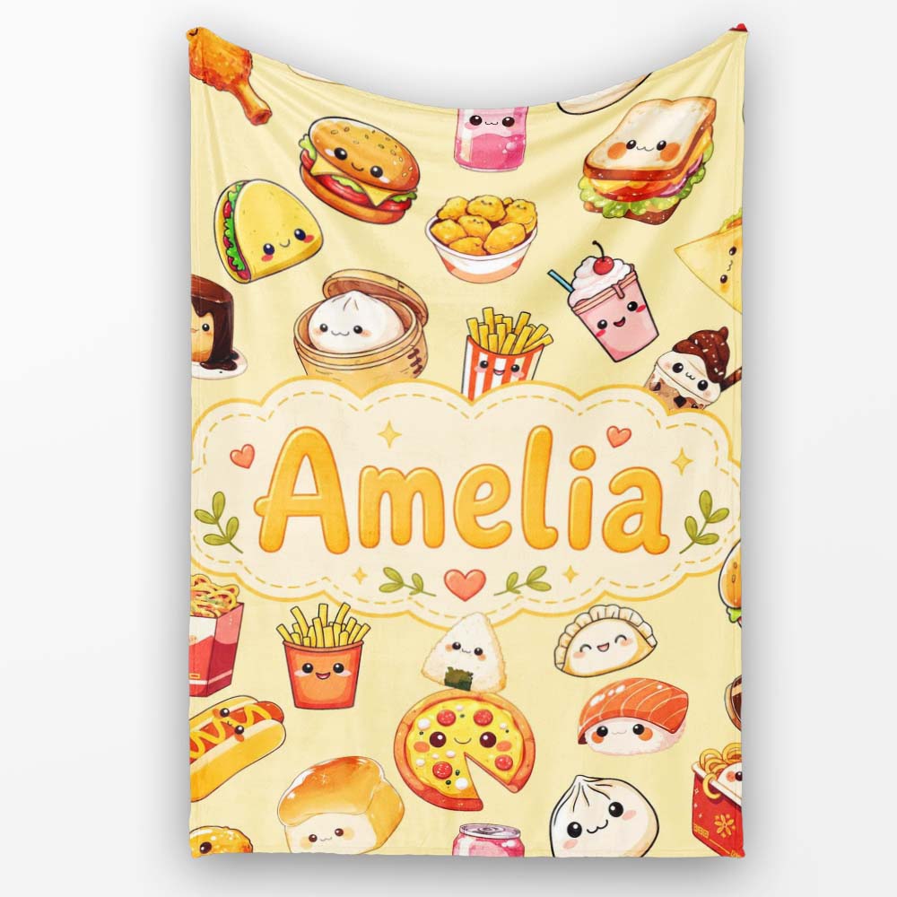 Kawaii Fast Food Burger Sushi Taco Pizza Beige Seamless Pattern  Personalised Custom Name Super Soft Fleece Blanket Bed Sofa Throw