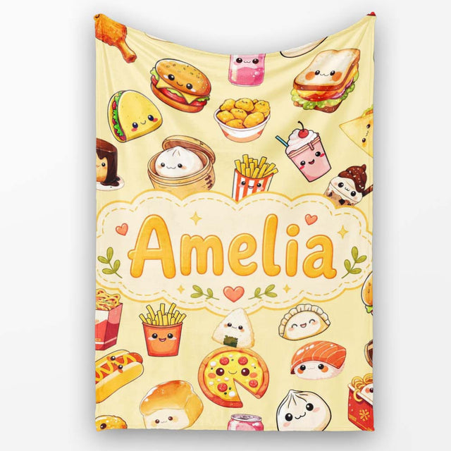 Kawaii Fast Food Burger Sushi Taco Pizza Beige Seamless Pattern  Personalised Custom Name Super Soft Fleece Blanket Bed Sofa Throw