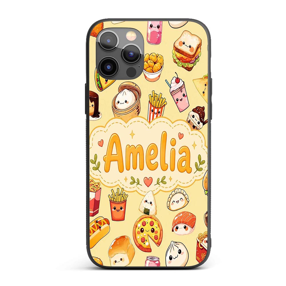 Kawaii Fast Food Burger Sushi Taco Pizza Beige Custom Name Protective Phone Case Mobile Cover Durable Everyday Smartphone Shock Resistant