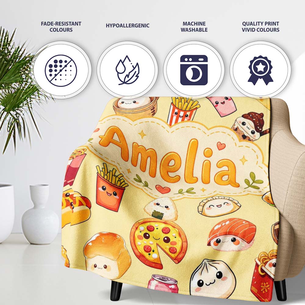 Kawaii Fast Food Burger Sushi Taco Pizza Beige Seamless Pattern  Personalised Custom Name Super Soft Fleece Blanket Bed Sofa Throw