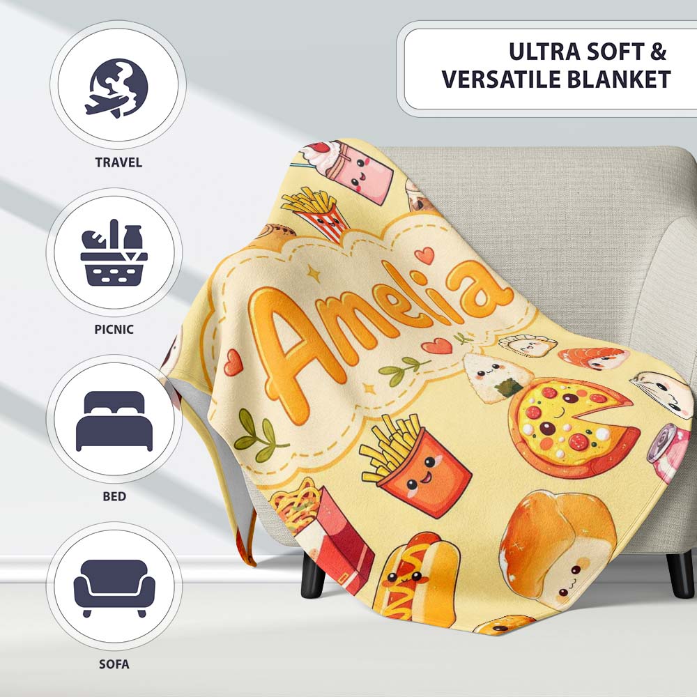 Kawaii Fast Food Burger Sushi Taco Pizza Beige Seamless Pattern  Personalised Custom Name Super Soft Fleece Blanket Bed Sofa Throw