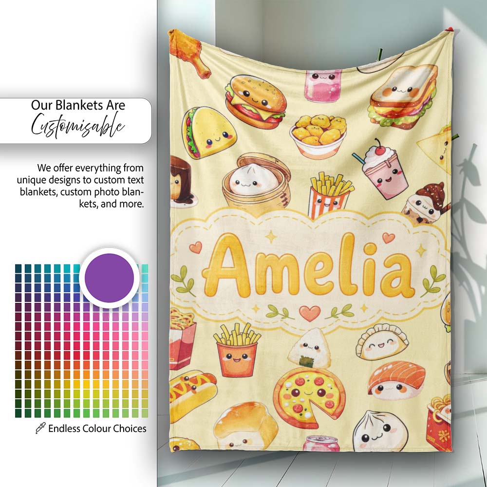 Kawaii Fast Food Burger Sushi Taco Pizza Beige Seamless Pattern  Personalised Custom Name Super Soft Fleece Blanket Bed Sofa Throw
