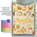 Kawaii Fast Food Burger Sushi Taco Pizza Beige Seamless Pattern  Personalised Custom Name Super Soft Fleece Blanket Bed Sofa Throw