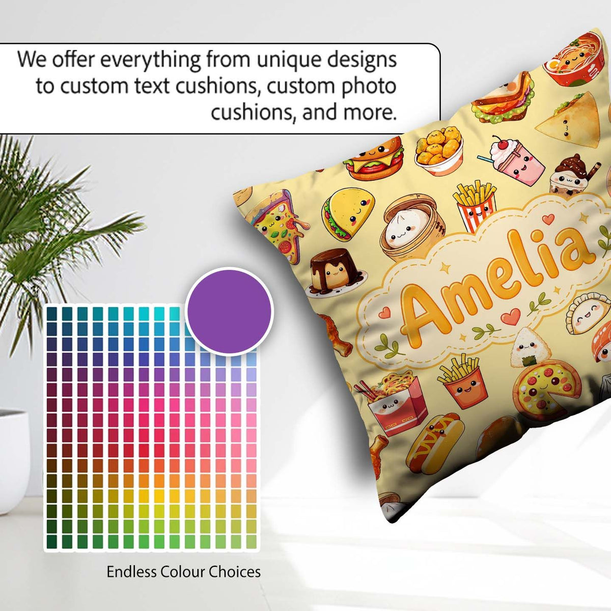 Custom Name Kawaii Fast Food Burger Sushi Pizza Seamless Pattern Square Filled Cushion Throw Pillow Sofa Bed Home Decor Zip Washable UK Made