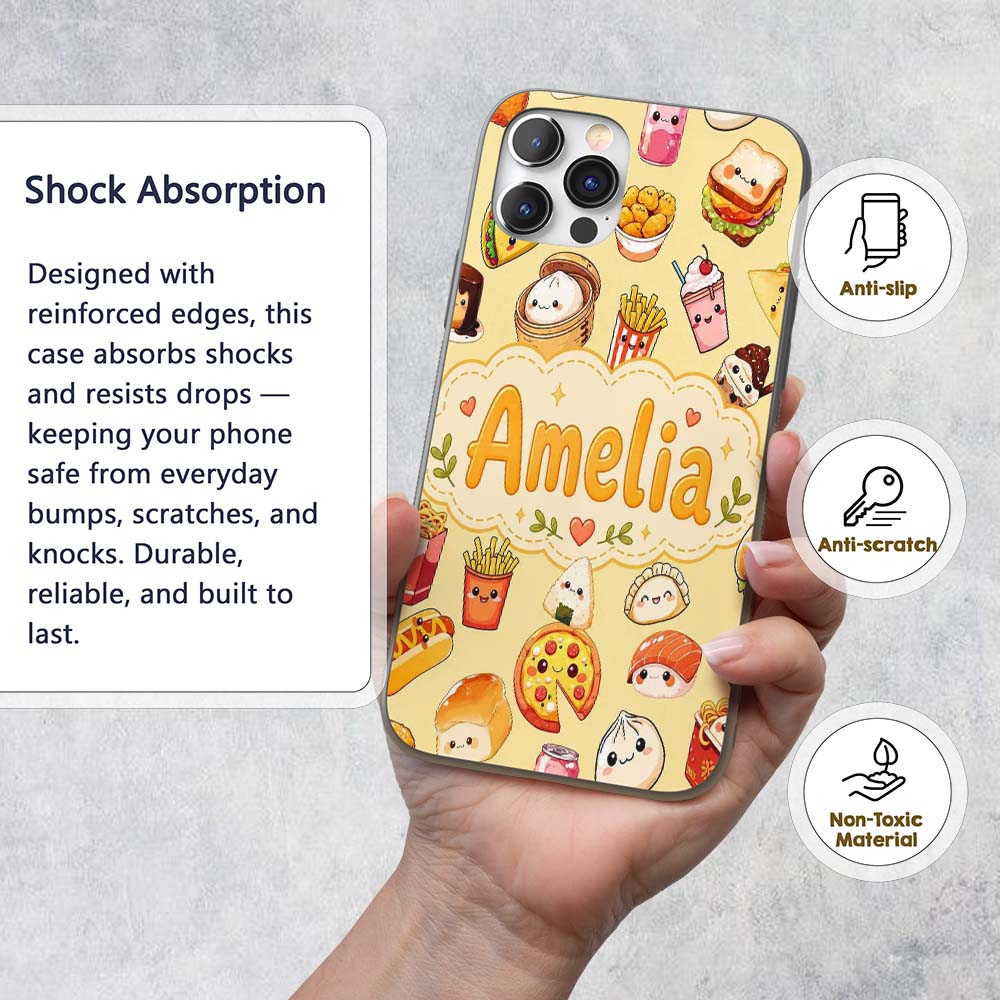 Kawaii Fast Food Burger Sushi Taco Pizza Beige Custom Name Protective Phone Case Mobile Cover Durable Everyday Smartphone Shock Resistant