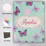 Personalised Name Pink Purple Butterfly Floral Teal Background Custom Modern Room Accent Canvas Wall Art Print Decor Picture Ready to Hang