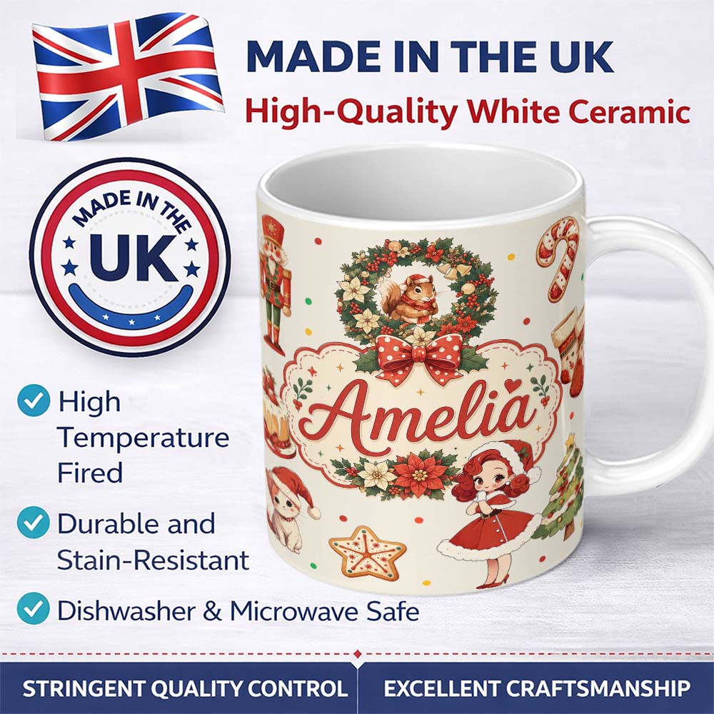 Personalized Custom Name Cute Christmas Nutcracker Wreath Cake Candy Cane Girl Tree Cream 11oz Ceramic Coffee Tea Mug White Large Handle
