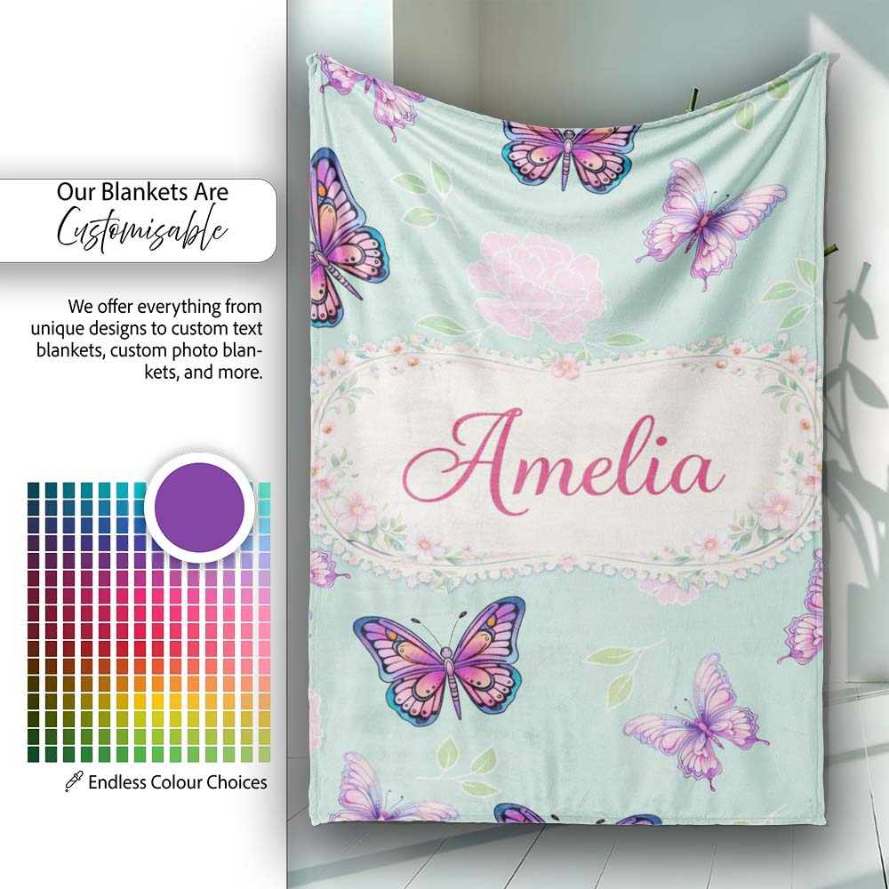 Pink Purple Butterfly Floral Teal Background Seamless Pattern Lovely  Personalised Custom Name Super Soft Fleece Blanket Bed Sofa Throw