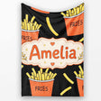 Cute French Fries Cartoon Snack Food Black Background Seamless  Personalised Custom Name Super Soft Fleece Blanket Bed Sofa Throw