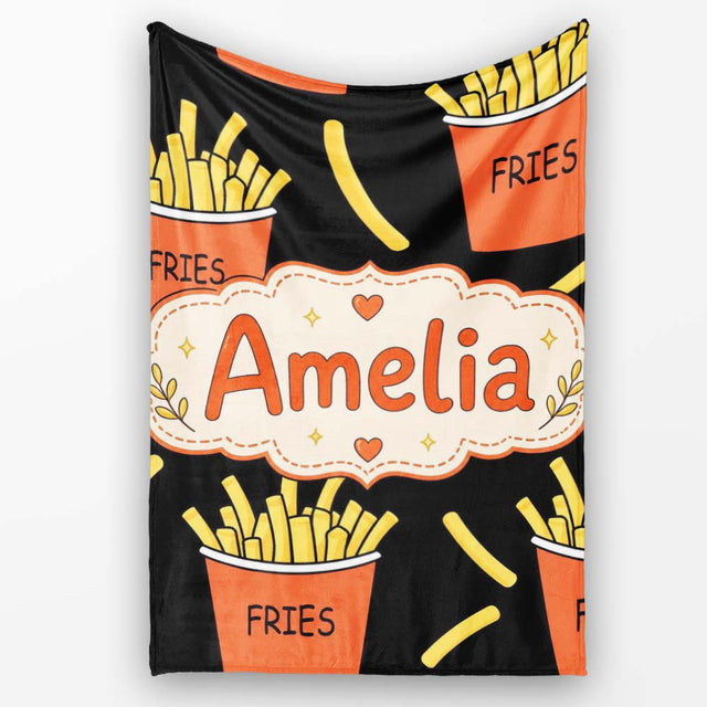 Cute French Fries Cartoon Snack Food Black Background Seamless  Personalised Custom Name Super Soft Fleece Blanket Bed Sofa Throw