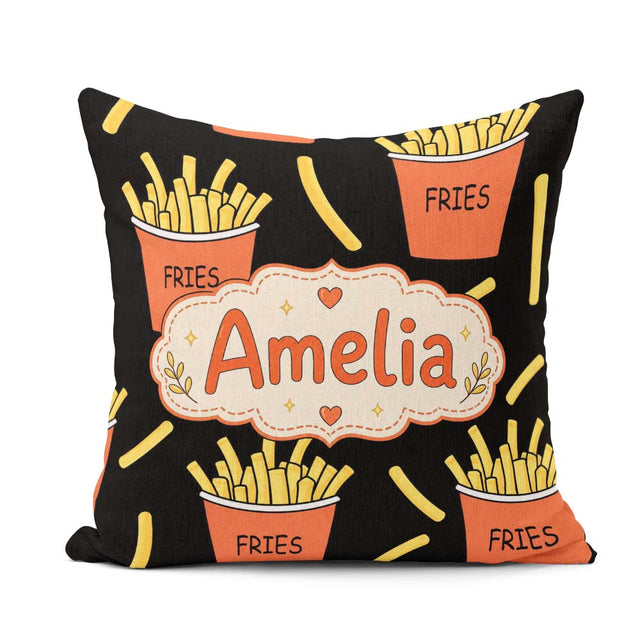 Custom Name Cute French Fries Cartoon Snack Food Black Seamless Square Filled Cushion Throw Pillow Sofa Bed Home Decor Zip Washable UK Made
