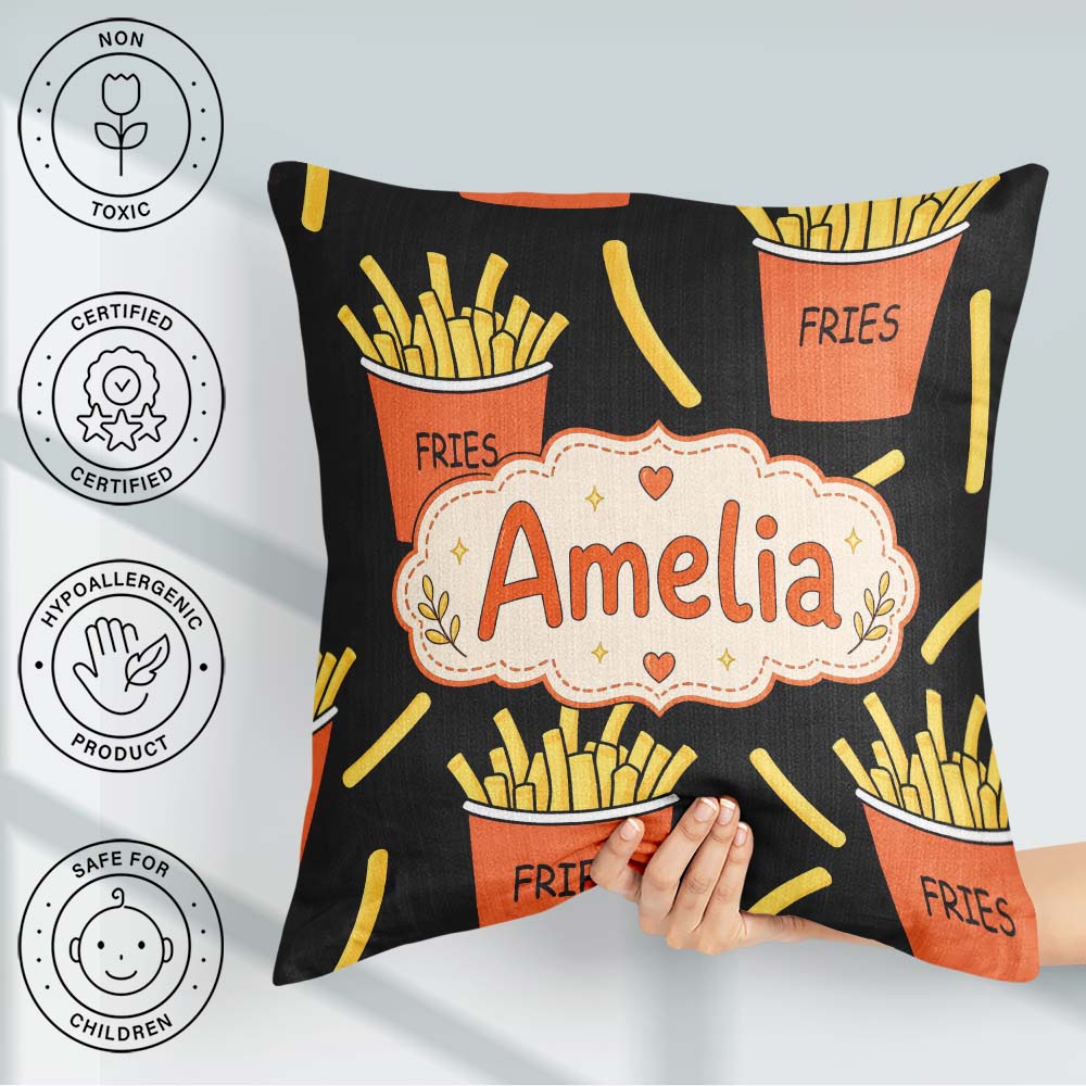 Custom Name Cute French Fries Cartoon Snack Food Black Seamless Square Filled Cushion Throw Pillow Sofa Bed Home Decor Zip Washable UK Made