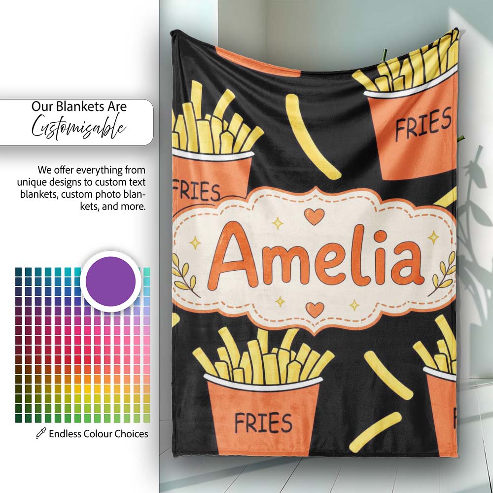 Cute French Fries Cartoon Snack Food Black Background Seamless  Personalised Custom Name Super Soft Fleece Blanket Bed Sofa Throw