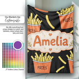 Cute French Fries Cartoon Snack Food Black Background Seamless  Personalised Custom Name Super Soft Fleece Blanket Bed Sofa Throw