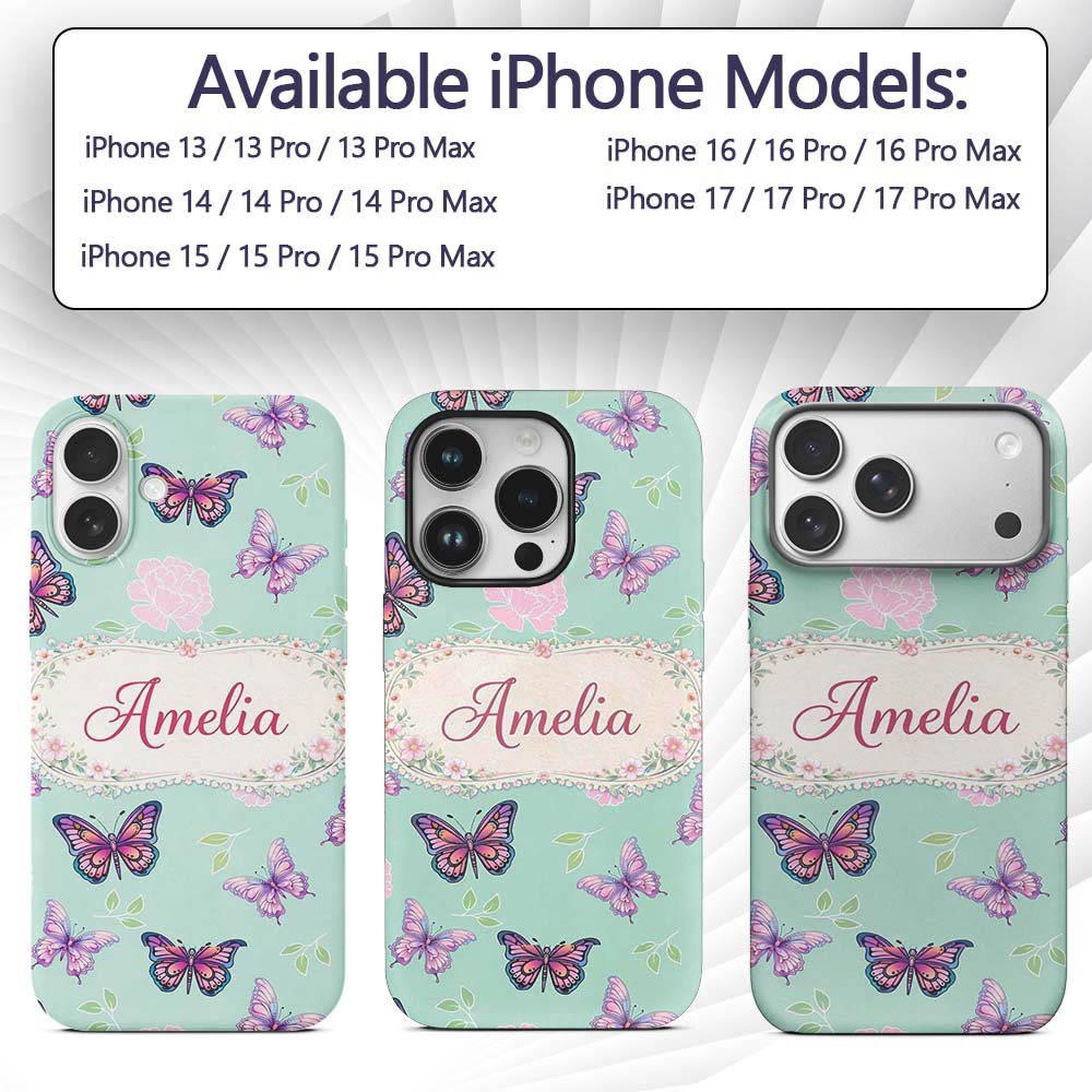 Pink Purple Butterfly Floral Teal Background Custom Name Protective Phone Case Mobile Cover Durable Everyday Smartphone Shock Resistant