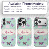 Pink Purple Butterfly Floral Teal Background Custom Name Protective Phone Case Mobile Cover Durable Everyday Smartphone Shock Resistant