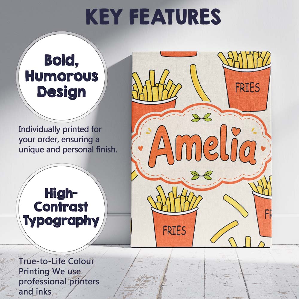 Personalised Name Cute French Fries Cartoon Custom  Bespoke Interior Contemporary Canvas Wall Art Print Decor Picture Ready to Hang