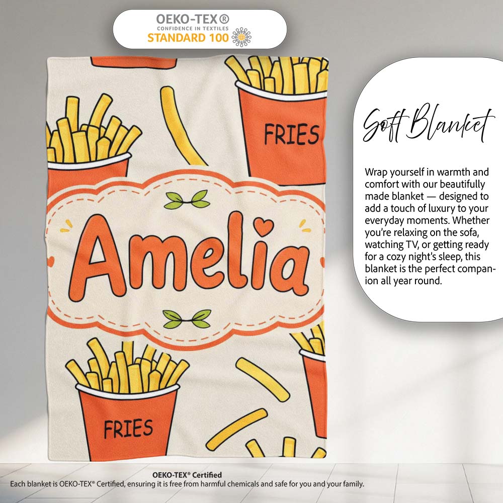 Cute French Fries Cartoon Snack Food Cream Background Seamless  Personalised Custom Name Super Soft Fleece Blanket Bed Sofa Throw