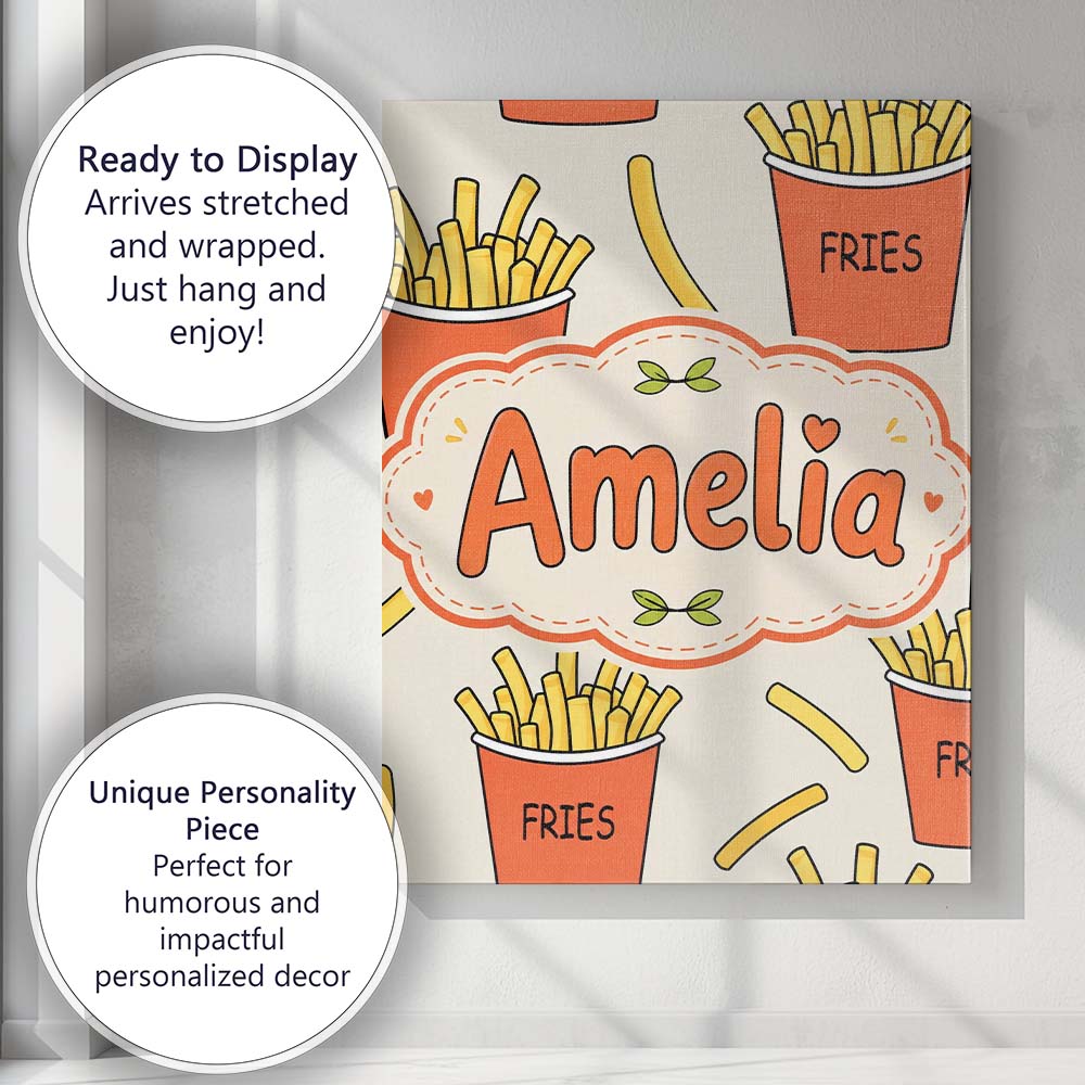 Personalised Name Cute French Fries Cartoon Custom  Bespoke Interior Contemporary Canvas Wall Art Print Decor Picture Ready to Hang