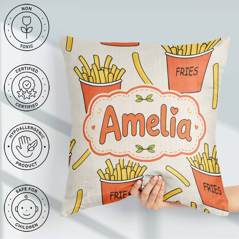 Custom Name Cute French Fries Cartoon Snack Food Cream Seamless Square Filled Cushion Throw Pillow Sofa Bed Home Decor Zip Washable UK Made