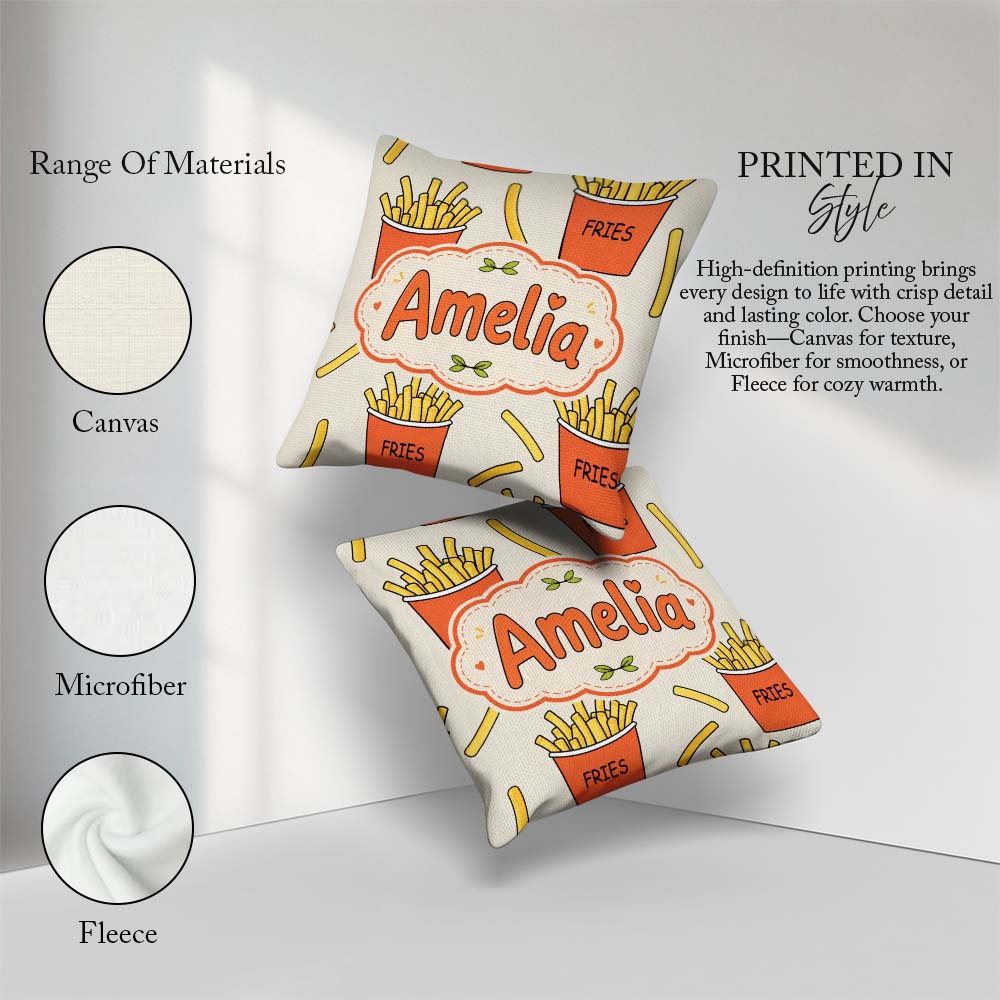 Custom Name Cute French Fries Cartoon Snack Food Cream Seamless Square Filled Cushion Throw Pillow Sofa Bed Home Decor Zip Washable UK Made