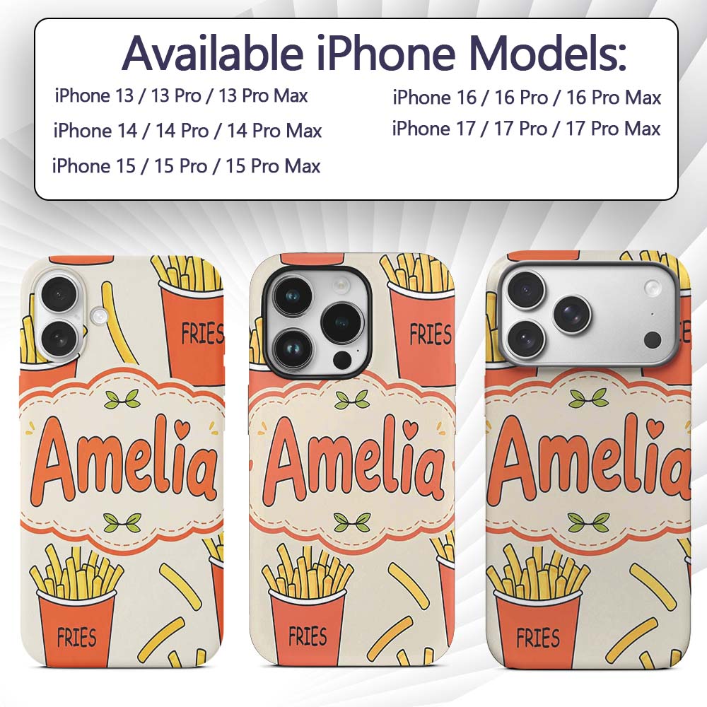 Cute French Fries Cartoon Snack Printed Design Custom Name Protective Phone Case Mobile Cover Durable Everyday Smartphone Shock Resistant
