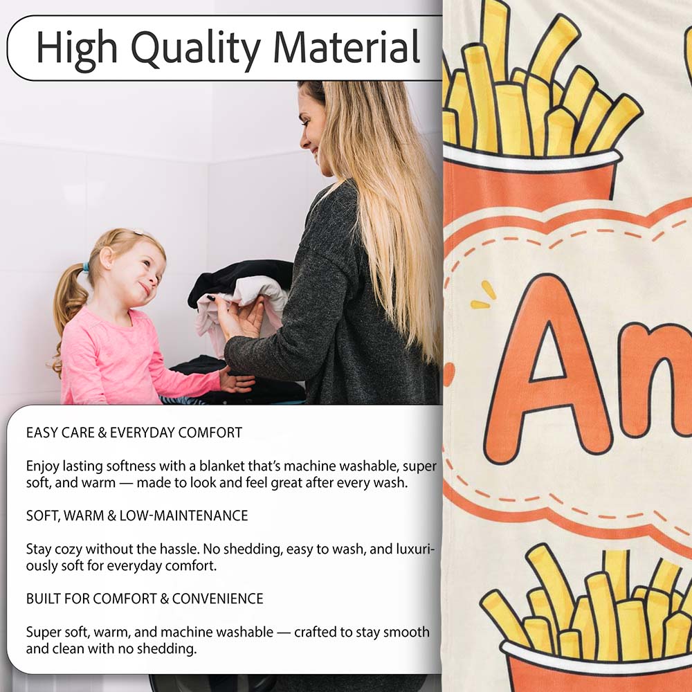 Cute French Fries Cartoon Snack Food Cream Background Seamless  Personalised Custom Name Super Soft Fleece Blanket Bed Sofa Throw