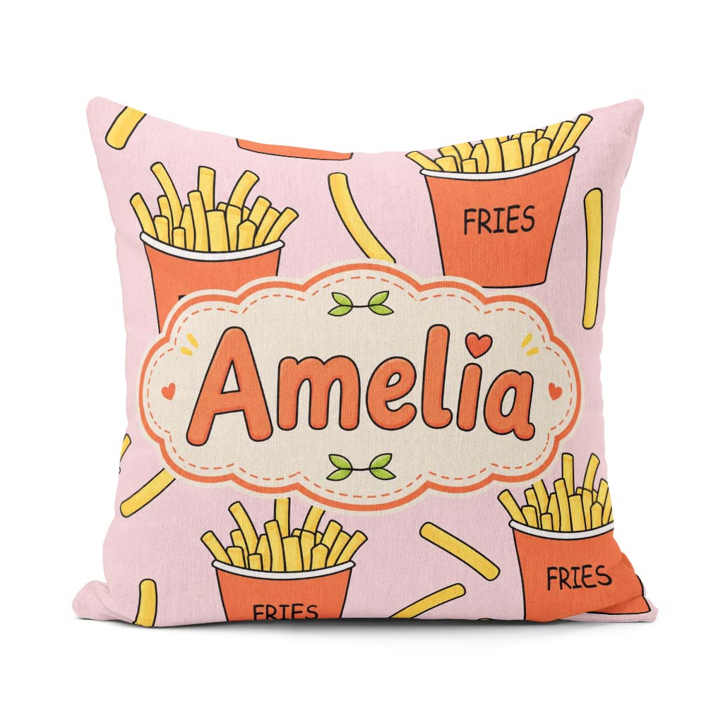 Custom Name French Fries Cartoon Snack Food Blush Pink Seamless Square Filled Cushion Throw Pillow Sofa Bed Home Decor Zip Washable UK Made
