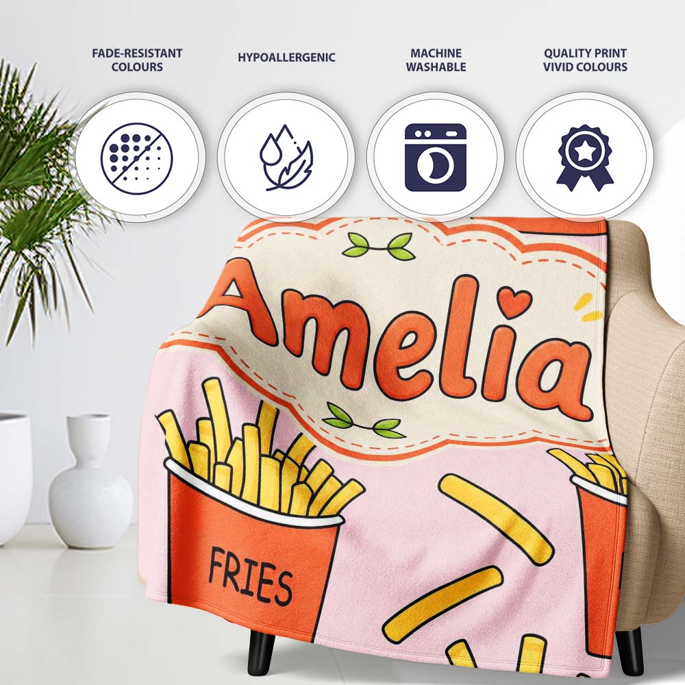 Cute French Fries Cartoon Snack Food Blush Pink Background Seamless  Personalised Custom Name Super Soft Fleece Blanket Bed Sofa Throw