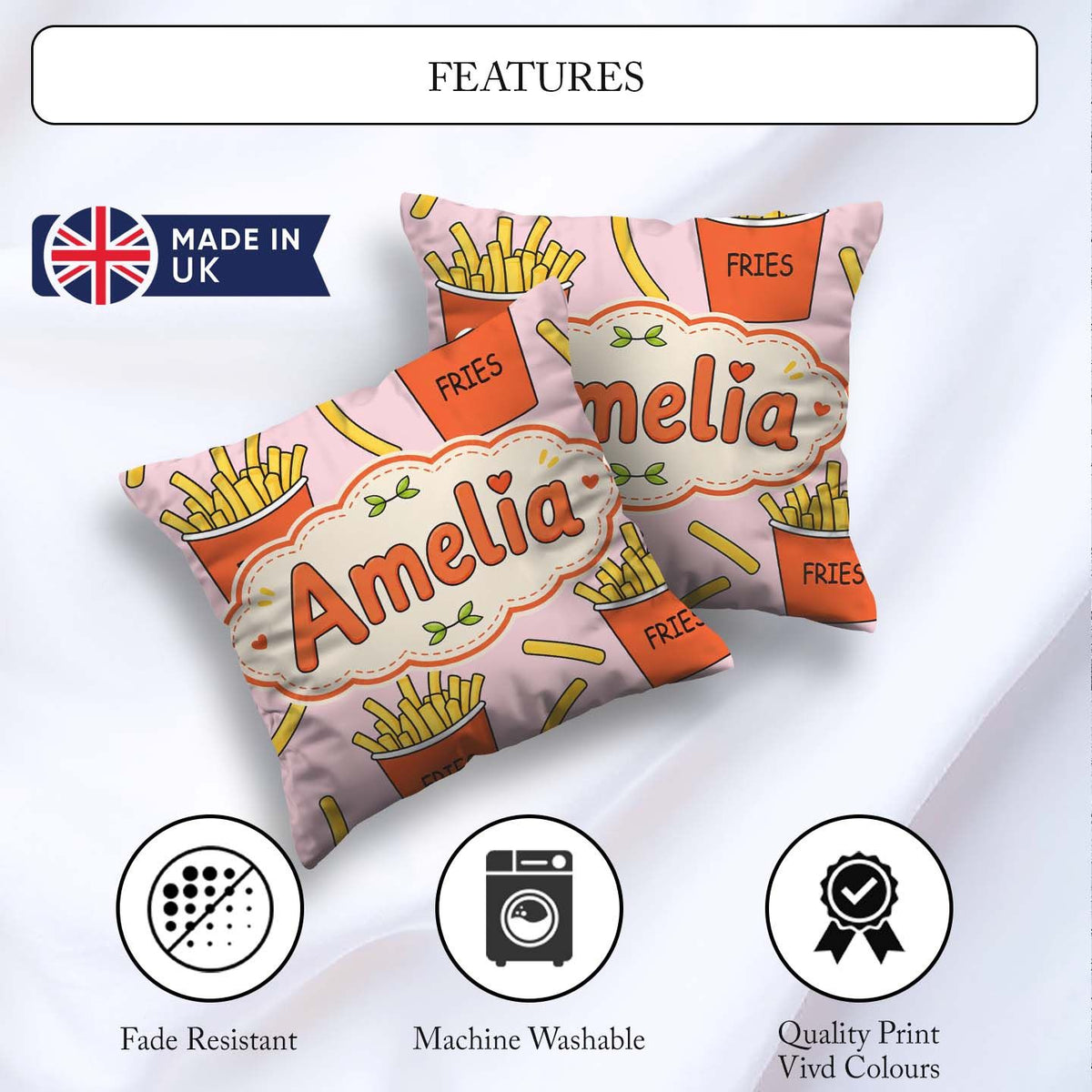 Custom Name French Fries Cartoon Snack Food Blush Pink Seamless Square Filled Cushion Throw Pillow Sofa Bed Home Decor Zip Washable UK Made