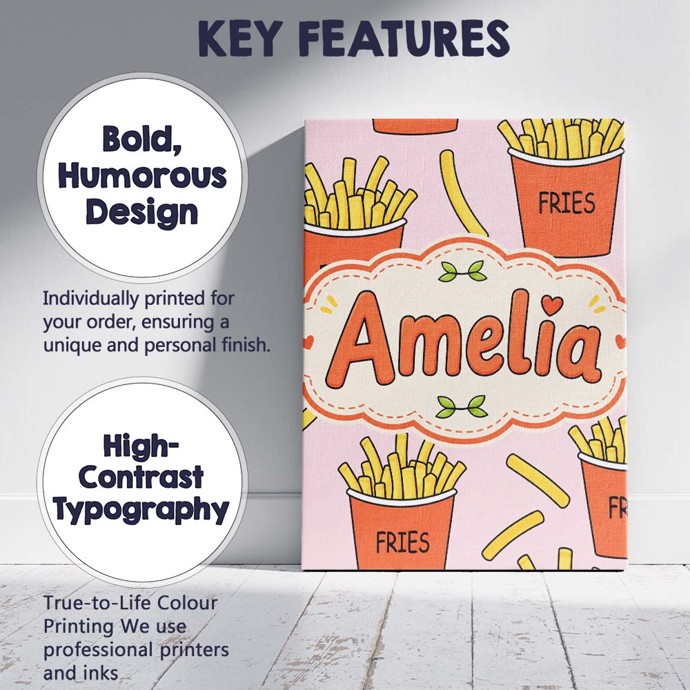 Personalised Name Cute French Fries Cartoon Custom  Bespoke Interior Contemporary Canvas Wall Art Print Decor Picture Ready to Hang