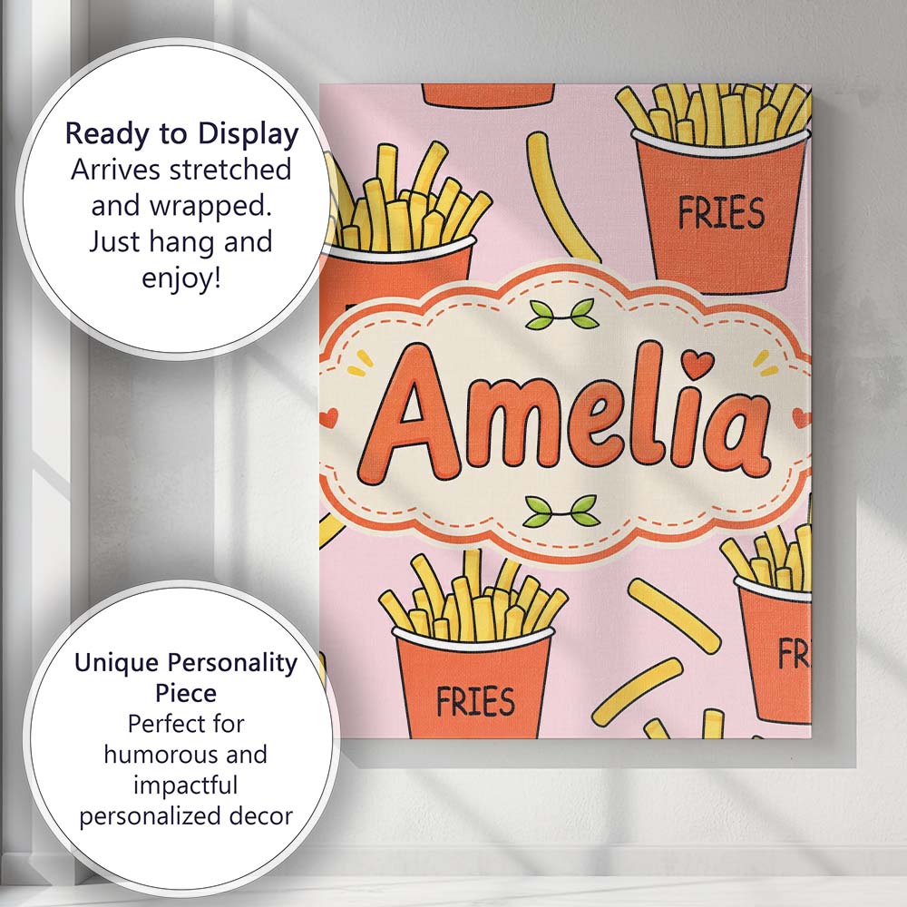 Personalised Name Cute French Fries Cartoon Custom  Bespoke Interior Contemporary Canvas Wall Art Print Decor Picture Ready to Hang