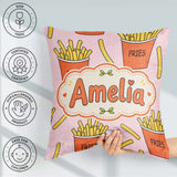 Custom Name French Fries Cartoon Snack Food Blush Pink Seamless Square Filled Cushion Throw Pillow Sofa Bed Home Decor Zip Washable UK Made