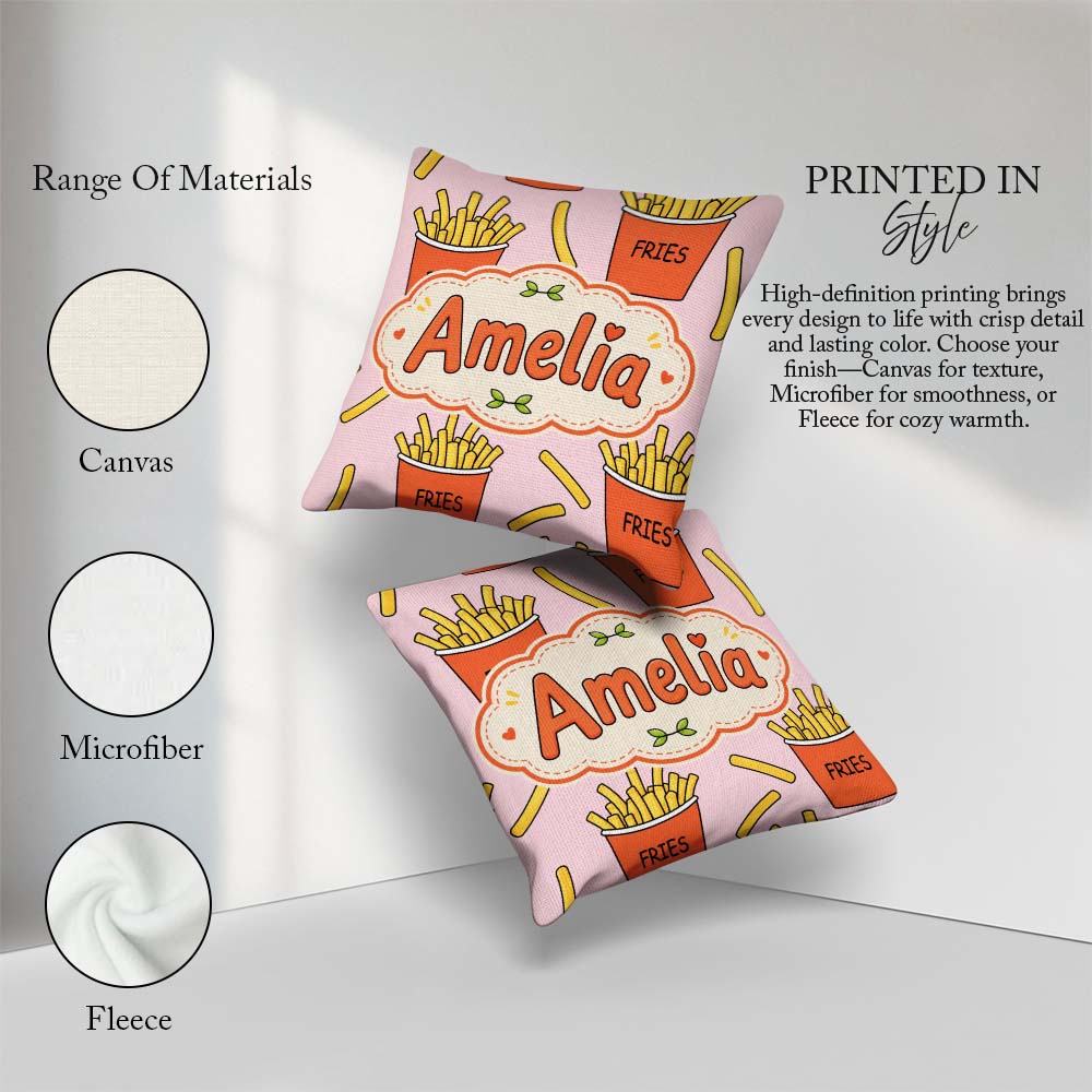 Custom Name French Fries Cartoon Snack Food Blush Pink Seamless Square Filled Cushion Throw Pillow Sofa Bed Home Decor Zip Washable UK Made